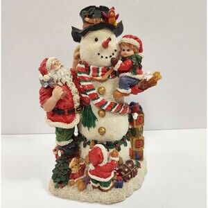 Vintage Snowman Being Built By Santa And Friends Resin 10"